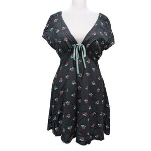 Free People NWT Black Floral Mini Dress Flutter Sleeve Ribbon Tie Low V-Neck XS